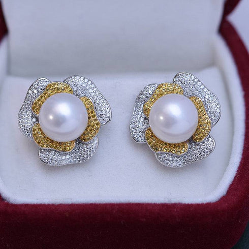 10-11mm Freshwater Pearl & Large Rose CZ Earrings - House Of Pearls